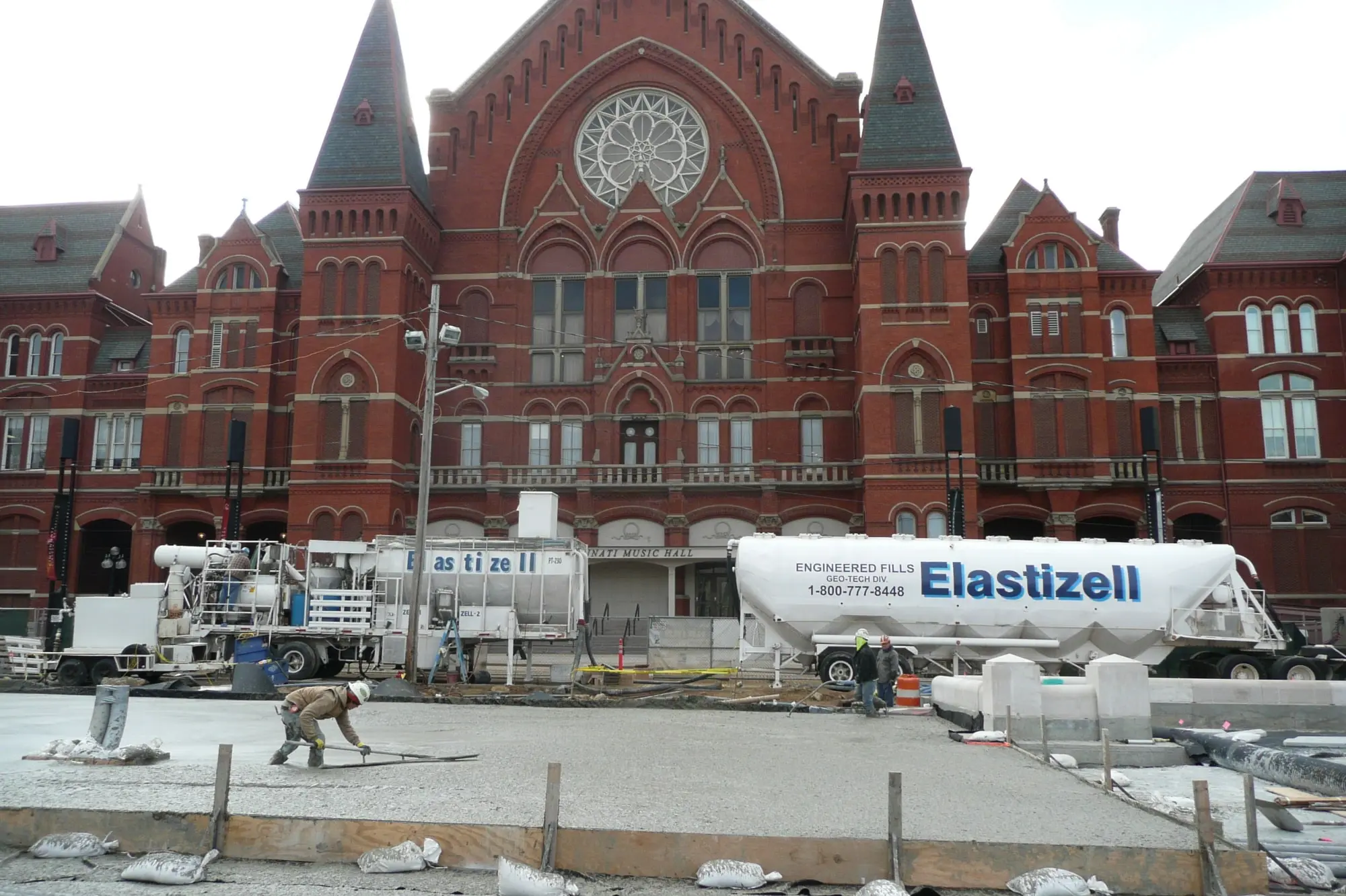 Elastizell Systems workers applying lightweight cellular concrete for a plaza fill project in Cincinnati, Ohio